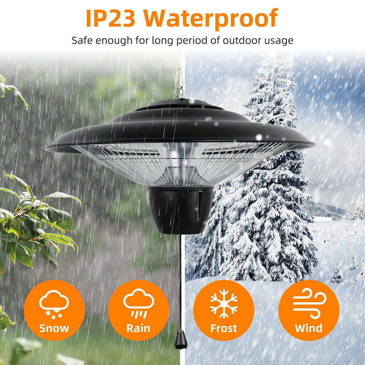1500W Outdoor Hanging Patio Heater Ultra-Quiet Electric Heating Lamp IP23 Waterproof 2 Heating Levels Overheating Protection Ceiling Mounted Outdoor H