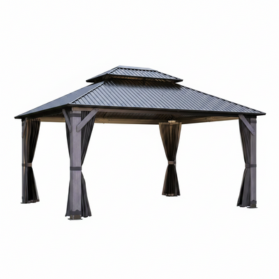 12' X 14' Wood Gazebo, Outdoor Hardtop Gazebo with Wood Posts and Galvanized Steel Doule Roof, Wooden Frame Gazebos with Netting and Curtains for Patio, Backyard, Deck Garden
