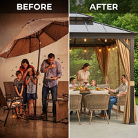 12'X10' Hardtop Gazebo, Aluminum Permanent Pavilion with Polycarbonate Double Roof, Removable Curtains & Mosquito Netting for Patio, Garden, Lawn, Upgrade Your Outdoors (Brown, 12'X10') — Before & After