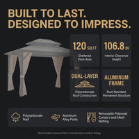 12'X10' Hardtop Gazebo, Aluminum Permanent Pavilion with Polycarbonate Double Roof, Removable Curtains & Mosquito Netting for Patio, Garden, Lawn, Upgrade Your Outdoors (Brown, 12'X10') — Results & Stats