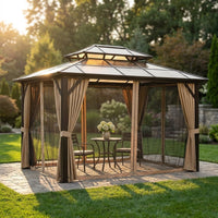 12'X10' Hardtop Gazebo, Aluminum Permanent Pavilion with Polycarbonate Double Roof, Removable Curtains & Mosquito Netting for Patio, Garden, Lawn, Upgrade Your Outdoors (Brown, 12'X10') — Studio Shot