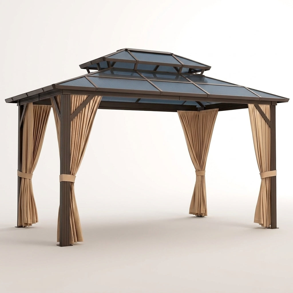 12'X10' Hardtop Gazebo, Aluminum Permanent Pavilion with Polycarbonate Double Roof, Removable Curtains & Mosquito Netting for Patio, Garden, Lawn, Upgrade Your Outdoors (Brown, 12'X10') — Studio Shot