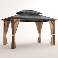 12'X10' Hardtop Gazebo, Aluminum Permanent Pavilion with Polycarbonate Double Roof, Removable Curtains & Mosquito Netting for Patio, Garden, Lawn, Upgrade Your Outdoors (Brown, 12'X10') — Studio Shot