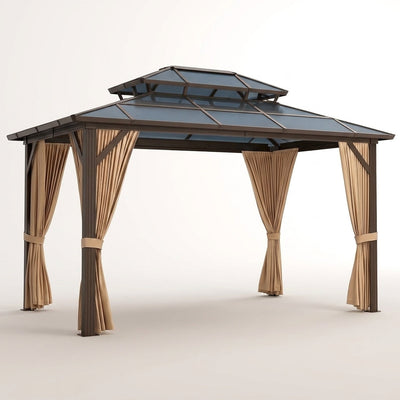 Hardtop Gazebo Built for Year-Round Use, 12x10 Aluminum Frame, Polycarbonate Double Roof, Mosquito Netting