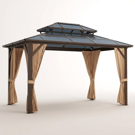 12'X10' Hardtop Gazebo, Aluminum Permanent Pavilion with Polycarbonate Double Roof, Removable Curtains & Mosquito Netting for Patio, Garden, Lawn, Upgrade Your Outdoors (Brown, 12'X10') — Studio Shot