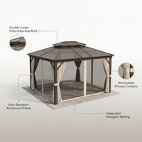 12'X10' Hardtop Gazebo, Aluminum Permanent Pavilion with Polycarbonate Double Roof, Removable Curtains & Mosquito Netting for Patio, Garden, Lawn, Upgrade Your Outdoors (Brown, 12'X10') — infographic