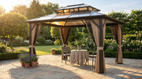 12'X10' Hardtop Gazebo, Aluminum Permanent Pavilion with Polycarbonate Double Roof, Removable Curtains & Mosquito Netting for Patio, Garden, Lawn, Upgrade Your Outdoors (Brown, 12'X10') — Lifestyle