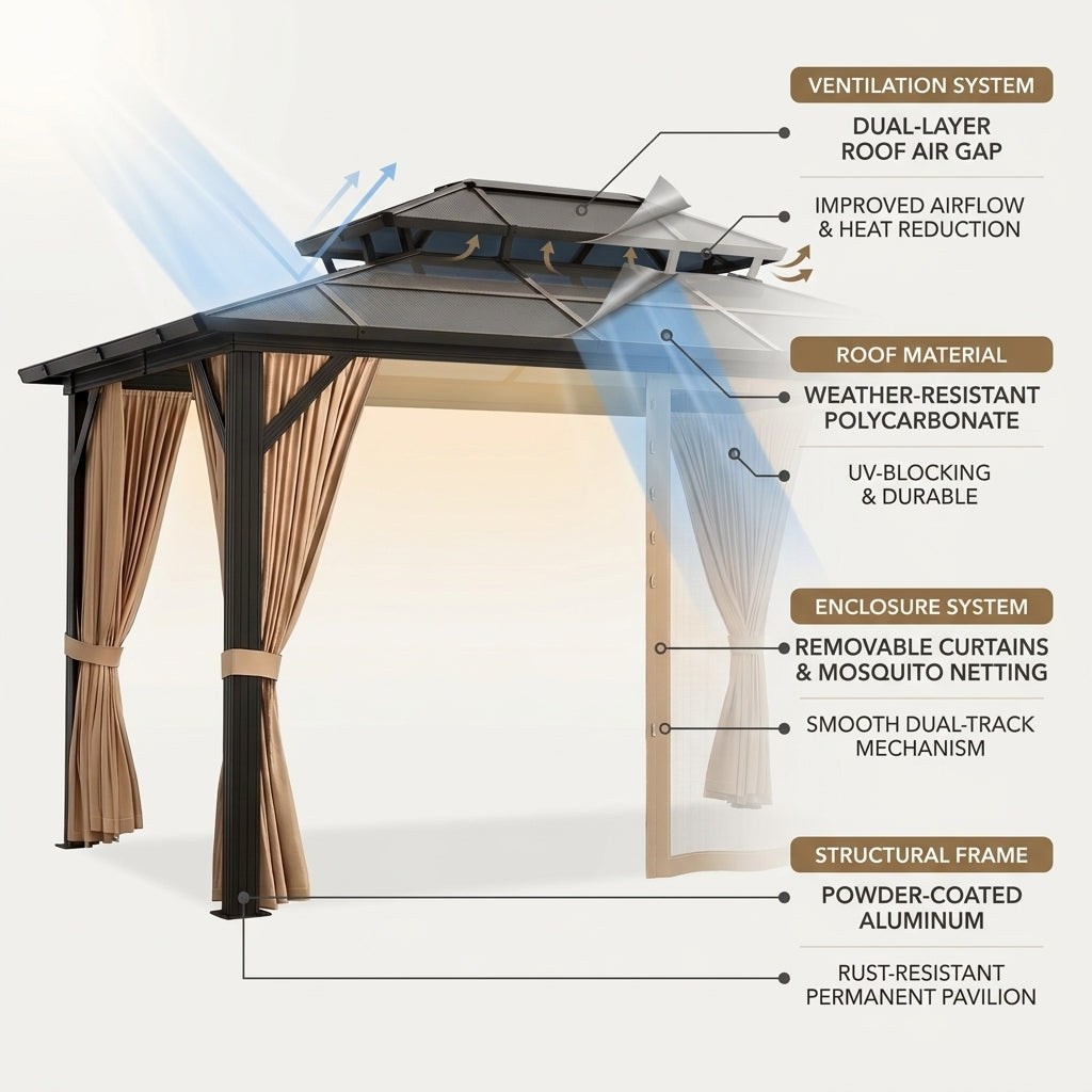 12'X10' Hardtop Gazebo, Aluminum Permanent Pavilion with Polycarbonate Double Roof, Removable Curtains & Mosquito Netting for Patio, Garden, Lawn, Upgrade Your Outdoors (Brown, 12'X10') — How It Works