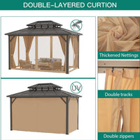 12'X10' Hardtop Gazebo, Aluminum Permanent Pavilion with Polycarbonate Double Roof, Removable Curtains & Mosquito Netting for Patio, Garden, Lawn, Upgrade Your Outdoors (Brown, 12'X10')