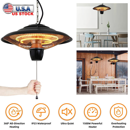 1500W Outdoor Hanging Patio Heater Ultra-Quiet Electric Heating Lamp IP23 Waterproof 2 Heating Levels Overheating Protection Ceiling Mounted Outdoor H