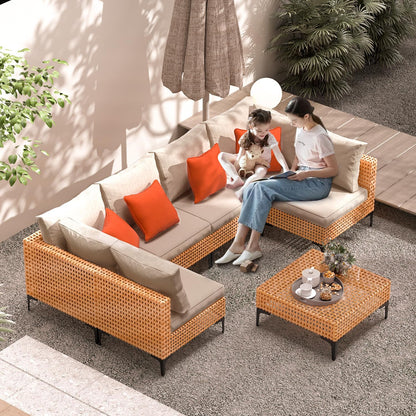 5 Piece Outdoor Patio Furniture Set Modular Outdoor Furniture Set Wicker Outdoor Sectional Sofa with Cushions and Table Patio Set for Balcony Porch Deck Yard ( (Salmon&Orange Wicker, Sand Cushion))