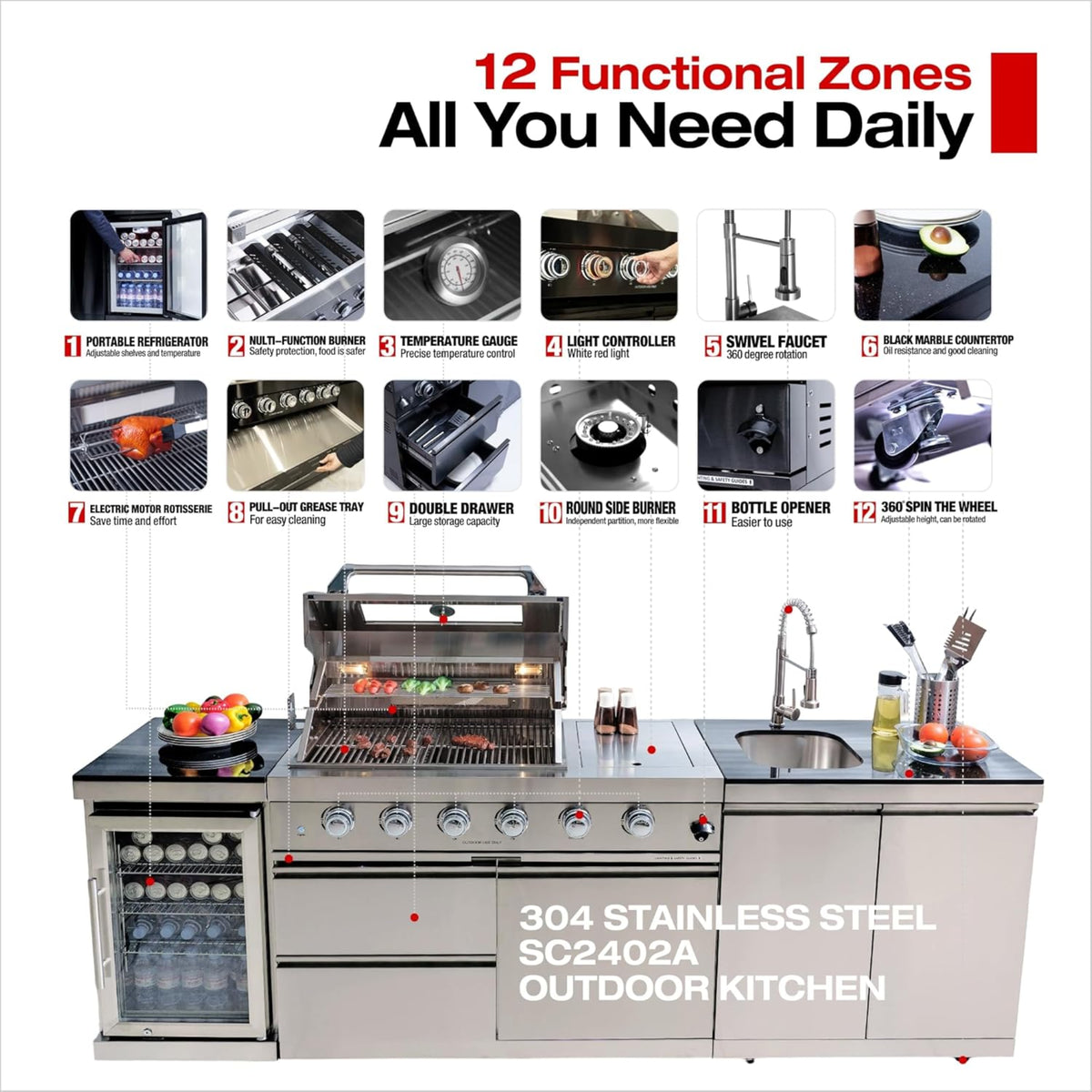 Outdoor Kitchen Island Built for Backyard Gatherings, 104 Inch Gas Grill, Built-in Refrigerator, Granite Top