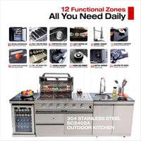 Outdoor Kitchen Island Built for Backyard Gatherings, 104 Inch Gas Grill, Built-in Refrigerator, Granite Top