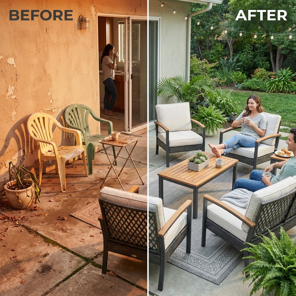 4-Piece Wicker Patio Conversation Set with Cushion, Outdoor Patio Furniture Set with Wood Table Top-Grey Cushions — Before & After