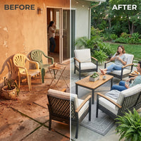 4-Piece Wicker Patio Conversation Set with Cushion, Outdoor Patio Furniture Set with Wood Table Top-Grey Cushions — Before & After