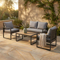 4-Piece Wicker Patio Conversation Set with Cushion, Outdoor Patio Furniture Set with Wood Table Top-Grey Cushions — Studio Shot