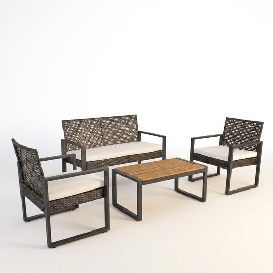 4-Piece Wicker Patio Conversation Set with Cushion, Outdoor Patio Furniture Set with Wood Table Top-Grey Cushions — Studio Shot