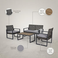 4-Piece Wicker Patio Conversation Set with Cushion, Outdoor Patio Furniture Set with Wood Table Top-Grey Cushions — infographic