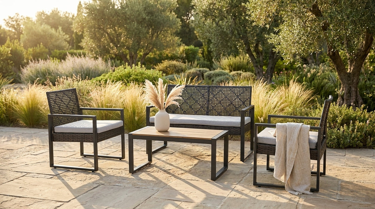 4-Piece Wicker Patio Conversation Set with Cushion, Outdoor Patio Furniture Set with Wood Table Top-Grey Cushions — Lifestyle