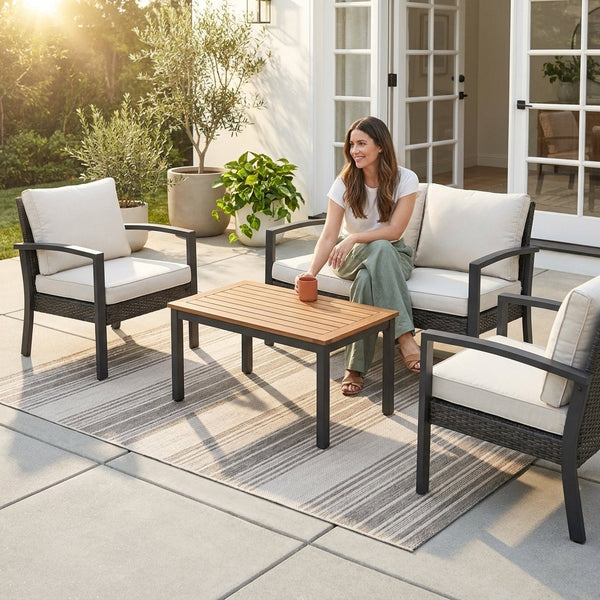 Outdoor Patio Furniture Set Built for Comfort, 4-Piece Wicker Design, Acacia Wood Table, Cushioned Seating