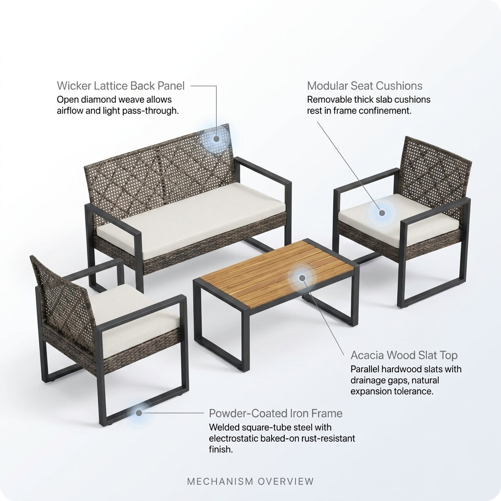 4-Piece Wicker Patio Conversation Set with Cushion, Outdoor Patio Furniture Set with Wood Table Top-Grey Cushions — How It Works
