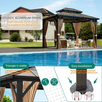 12'X10' Hardtop Gazebo, Aluminum Permanent Pavilion with Polycarbonate Double Roof, Removable Curtains & Mosquito Netting for Patio, Garden, Lawn, Upgrade Your Outdoors (Brown, 12'X10')