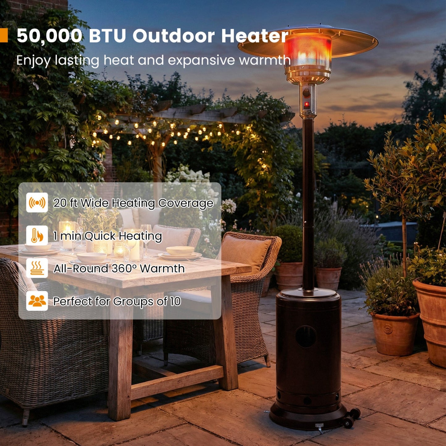 50 000 BTU Patio Propane Gas Heater with Stainless Steel Burner