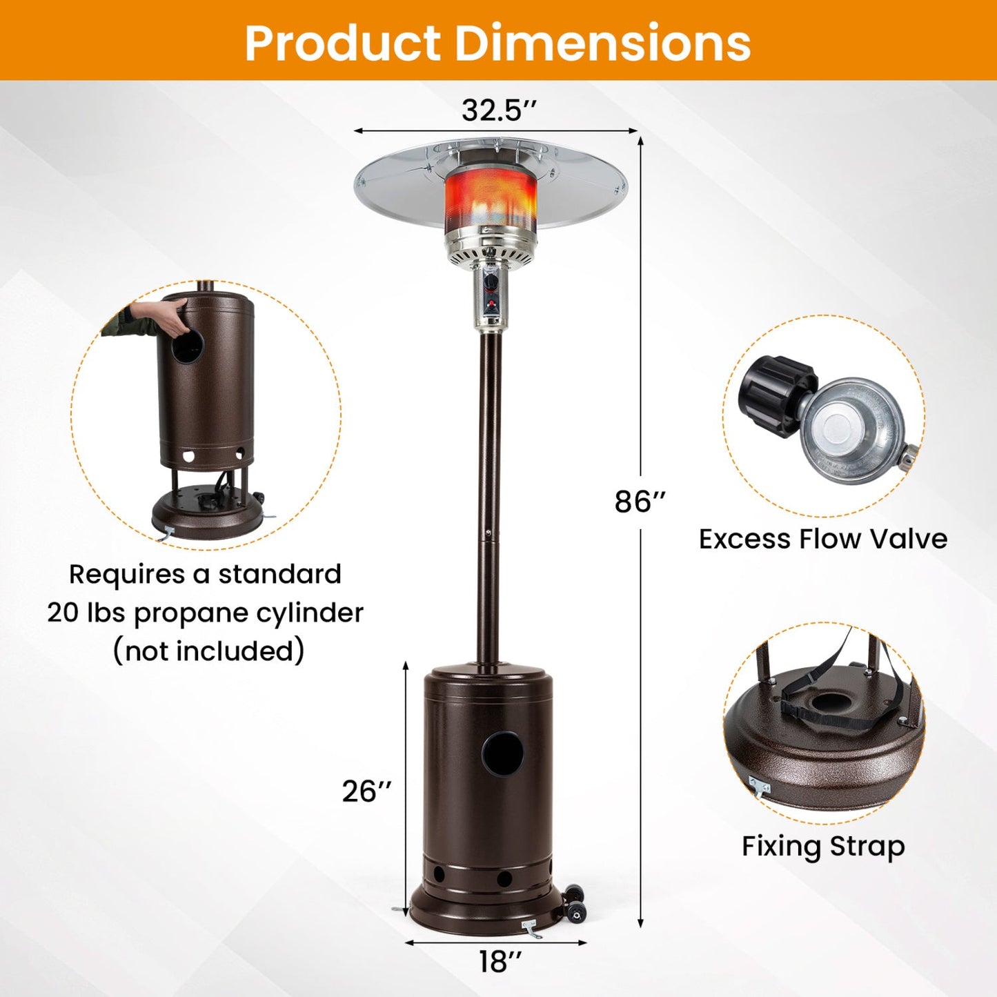 50 000 BTU Patio Propane Gas Heater with Stainless Steel Burner
