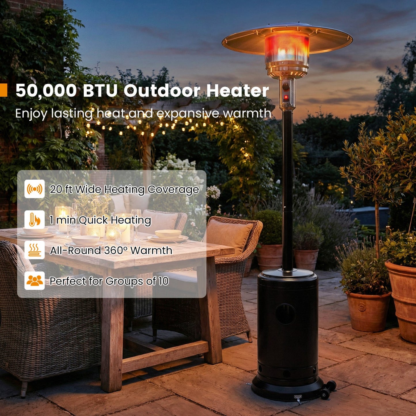 50 000 BTU Patio Propane Gas Heater with Stainless Steel Burner