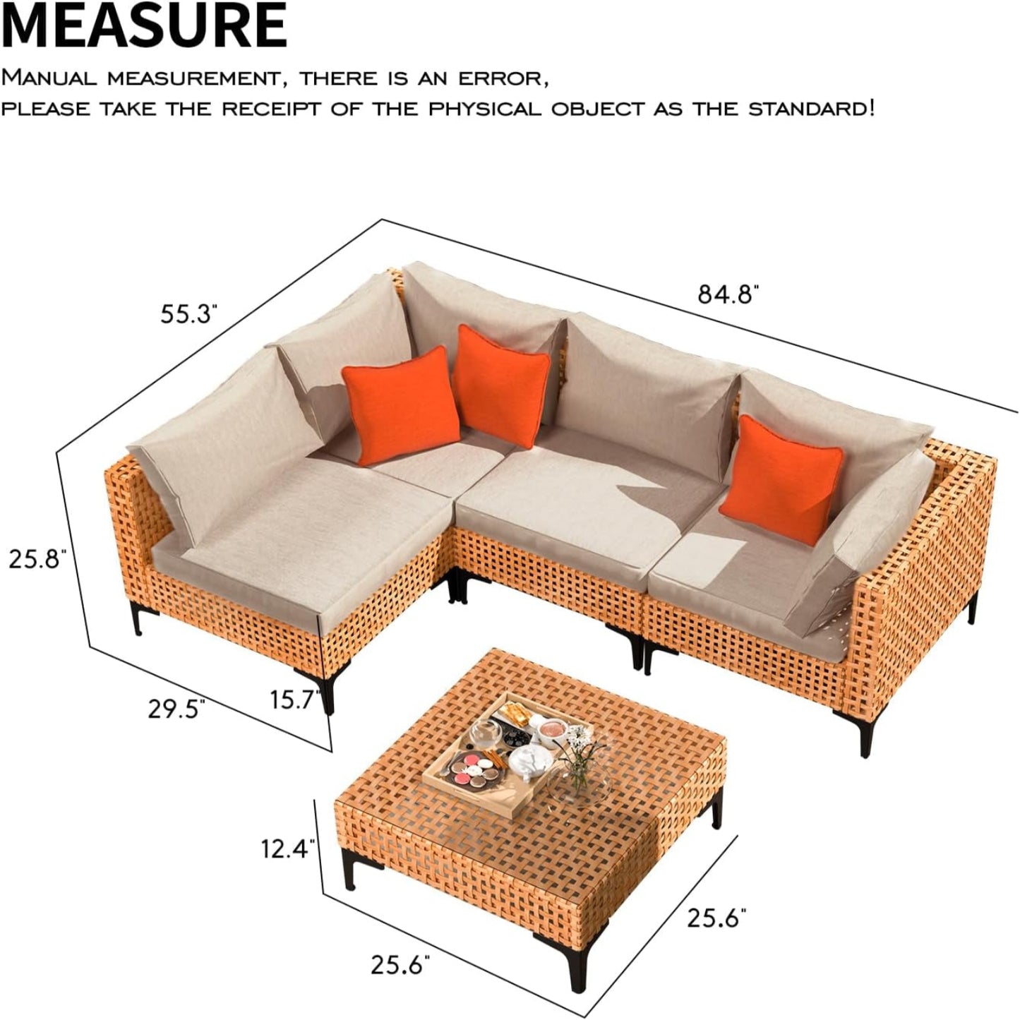5 Piece Outdoor Patio Furniture Set Modular Outdoor Furniture Set Wicker Outdoor Sectional Sofa with Cushions and Table Patio Set for Balcony Porch Deck Yard ( (Salmon&Orange Wicker, Sand Cushion))