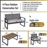 4-Piece Wicker Patio Conversation Set with Cushion, Outdoor Patio Furniture Set with Wood Table Top-Grey Cushions