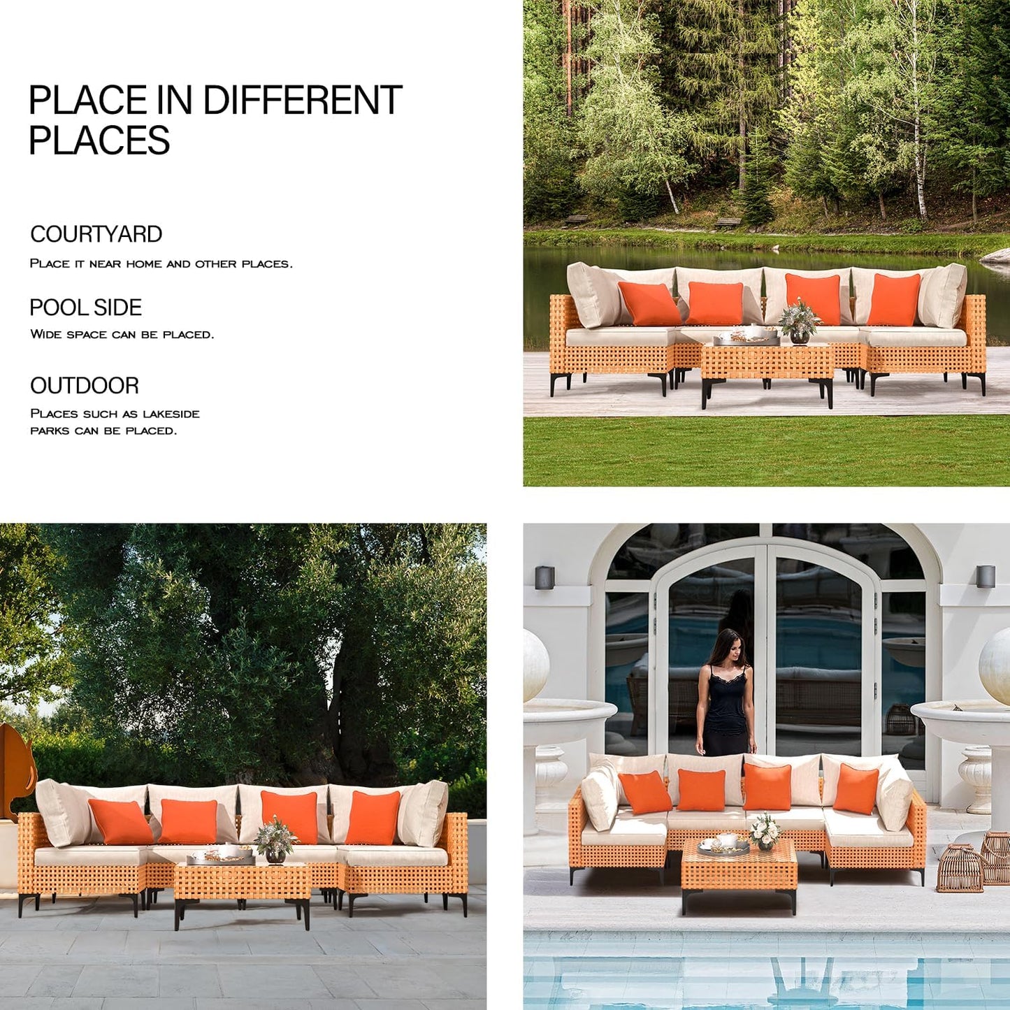 5 Piece Outdoor Patio Furniture Set Modular Outdoor Furniture Set Wicker Outdoor Sectional Sofa with Cushions and Table Patio Set for Balcony Porch Deck Yard ( (Salmon&Orange Wicker, Sand Cushion))