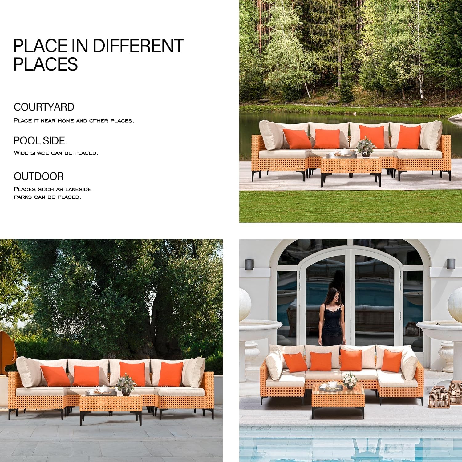 5 Piece Outdoor Patio Furniture Set Modular Outdoor Furniture Set Wicker Outdoor Sectional Sofa with Cushions and Table Patio Set for Balcony Porch Deck Yard ( (Salmon&Orange Wicker, Sand Cushion))