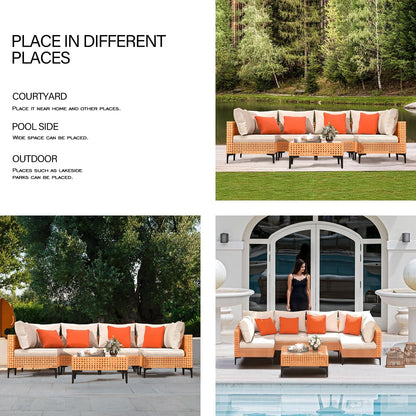 5 Piece Outdoor Patio Furniture Set Modular Outdoor Furniture Set Wicker Outdoor Sectional Sofa with Cushions and Table Patio Set for Balcony Porch Deck Yard ( (Salmon&Orange Wicker, Sand Cushion))
