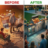 Modular Outdoor Kitchen BBQ Island, 104" Outdoor Kitchen Propane Gas Island Grill with Sink, Compact Refrigerator, Storage Cabinets, Rotisserie Kit (Silver, 104") — Before & After