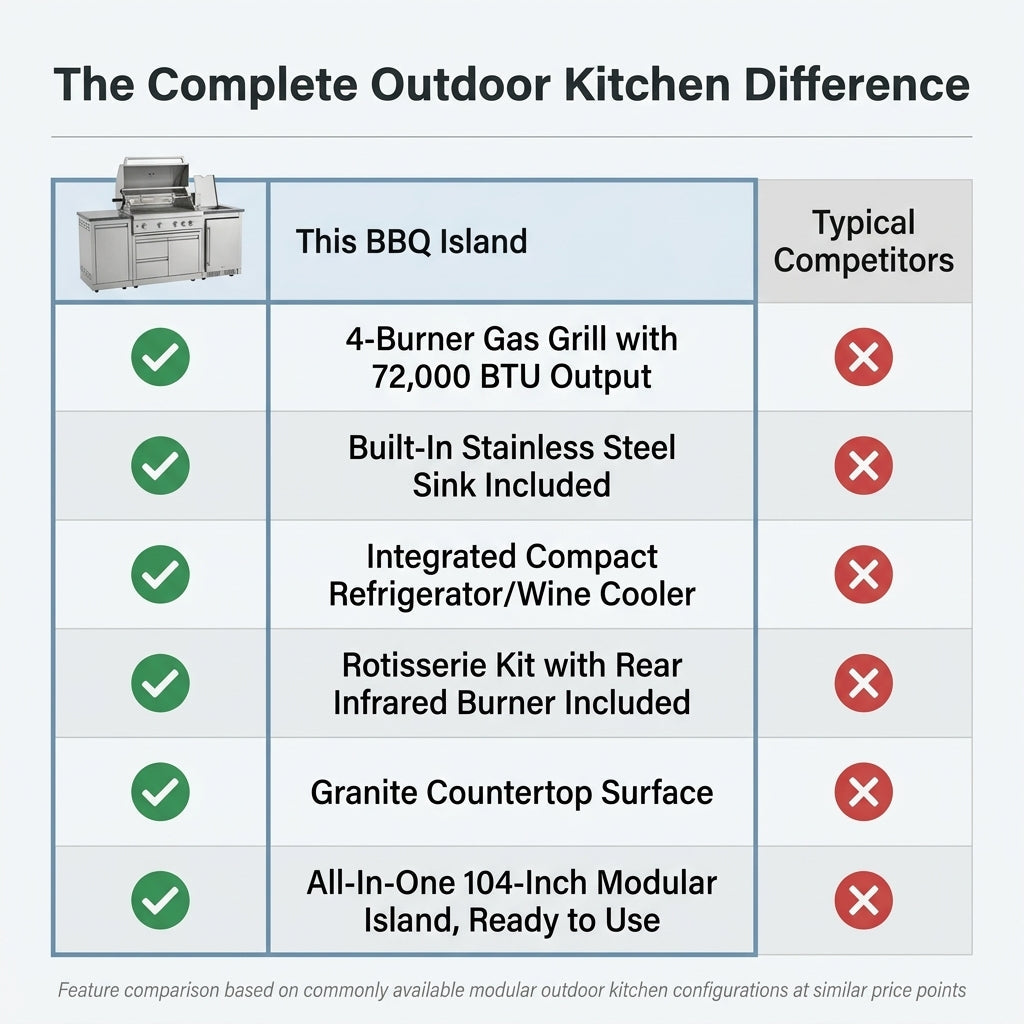 Modular Outdoor Kitchen BBQ Island, 104" Outdoor Kitchen Propane Gas Island Grill with Sink, Compact Refrigerator, Storage Cabinets, Rotisserie Kit (Silver, 104") — Comparison