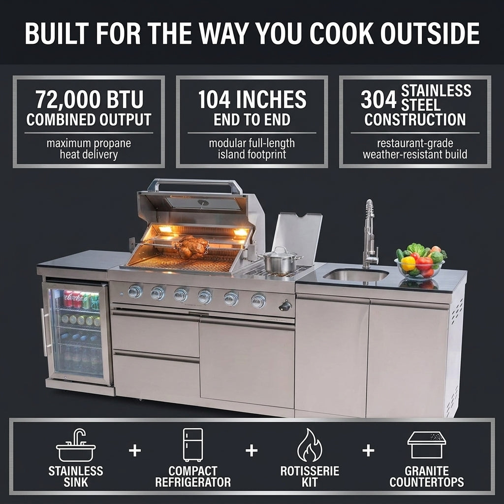 Modular Outdoor Kitchen BBQ Island, 104" Outdoor Kitchen Propane Gas Island Grill with Sink, Compact Refrigerator, Storage Cabinets, Rotisserie Kit (Silver, 104") — Results & Stats