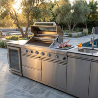 Modular Outdoor Kitchen BBQ Island, 104" Outdoor Kitchen Propane Gas Island Grill with Sink, Compact Refrigerator, Storage Cabinets, Rotisserie Kit (Silver, 104") — Studio Shot