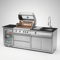 Modular Outdoor Kitchen BBQ Island, 104" Outdoor Kitchen Propane Gas Island Grill with Sink, Compact Refrigerator, Storage Cabinets, Rotisserie Kit (Silver, 104") — Studio Shot