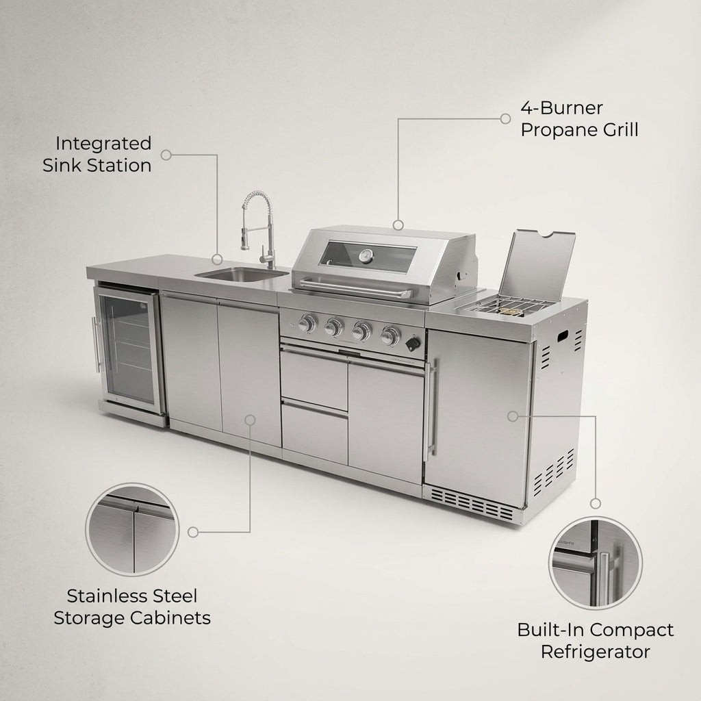 Modular Outdoor Kitchen BBQ Island, 104" Outdoor Kitchen Propane Gas Island Grill with Sink, Compact Refrigerator, Storage Cabinets, Rotisserie Kit (Silver, 104") — infographic