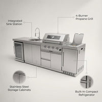 Modular Outdoor Kitchen BBQ Island, 104" Outdoor Kitchen Propane Gas Island Grill with Sink, Compact Refrigerator, Storage Cabinets, Rotisserie Kit (Silver, 104") — infographic
