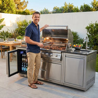 Modular Outdoor Kitchen BBQ Island, 104" Outdoor Kitchen Propane Gas Island Grill with Sink, Compact Refrigerator, Storage Cabinets, Rotisserie Kit (Silver, 104") — Lifestyle