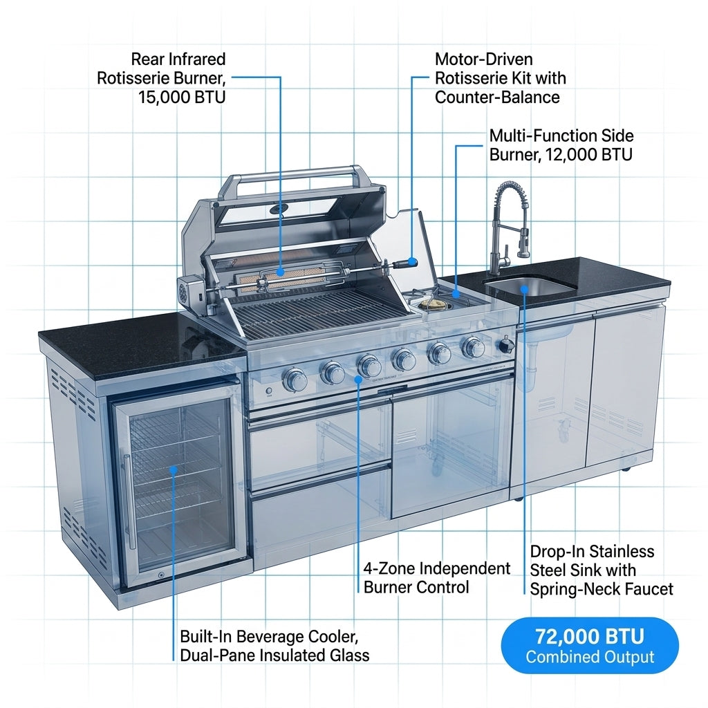 Modular Outdoor Kitchen BBQ Island, 104" Outdoor Kitchen Propane Gas Island Grill with Sink, Compact Refrigerator, Storage Cabinets, Rotisserie Kit (Silver, 104") — How It Works