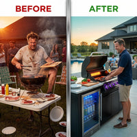 Outdoor Kitchen Island Built for Gourmet Cooking, 70" Black Stainless Steel, 32" 4-Burner Grill, Refrigerator — Before & After