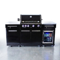 Outdoor Kitchen Island Built for Gourmet Cooking, 70" Black Stainless Steel, 32" 4-Burner Grill, Refrigerator — Studio Shot