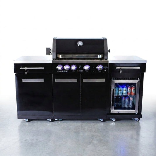Outdoor Kitchen Island Built for Gourmet Cooking, 70" Black Stainless Steel, 32" 4-Burner Grill, Refrigerator — Studio Shot