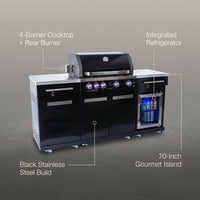 Outdoor Kitchen Island Built for Gourmet Cooking, 70" Black Stainless Steel, 32" 4-Burner Grill, Refrigerator — infographic