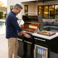 Outdoor Kitchen Island Built for Gourmet Cooking, 70" Black Stainless Steel, 32" 4-Burner Grill, Refrigerator — Lifestyle