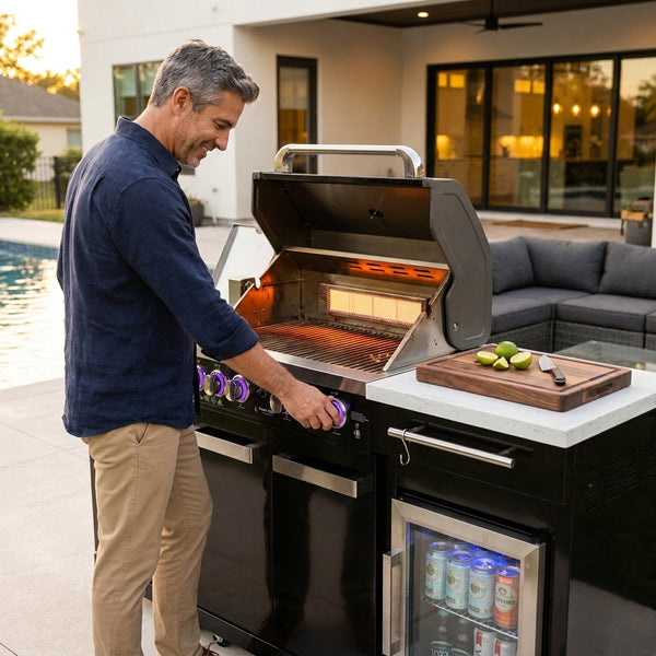 Outdoor Kitchen Island Built for Gourmet Cooking, 70" Black Stainless Steel, 32" 4-Burner Grill, Refrigerator
