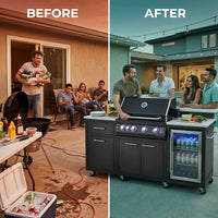 Premium 70" Black Stainless Steel Outdoor Kitchen Island with Refrigerator + 32"W 4-Burner BBQ Grill with Rear Burner — Before & After